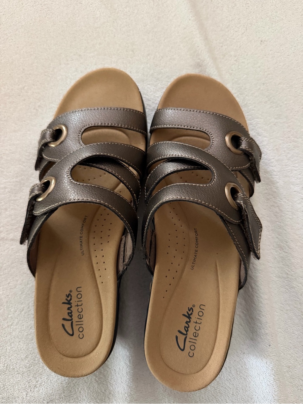 Clarks metallic bronze double-strap slide sandals